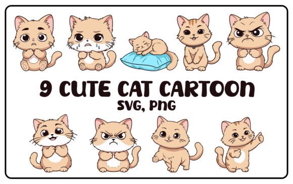 9 Cute Cat Cartoon for Crafts and Graphics Projects
