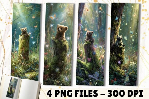 Art Forest Bear Cub Butterfly Bookmark: A Graphics Asset for Crafty Clients